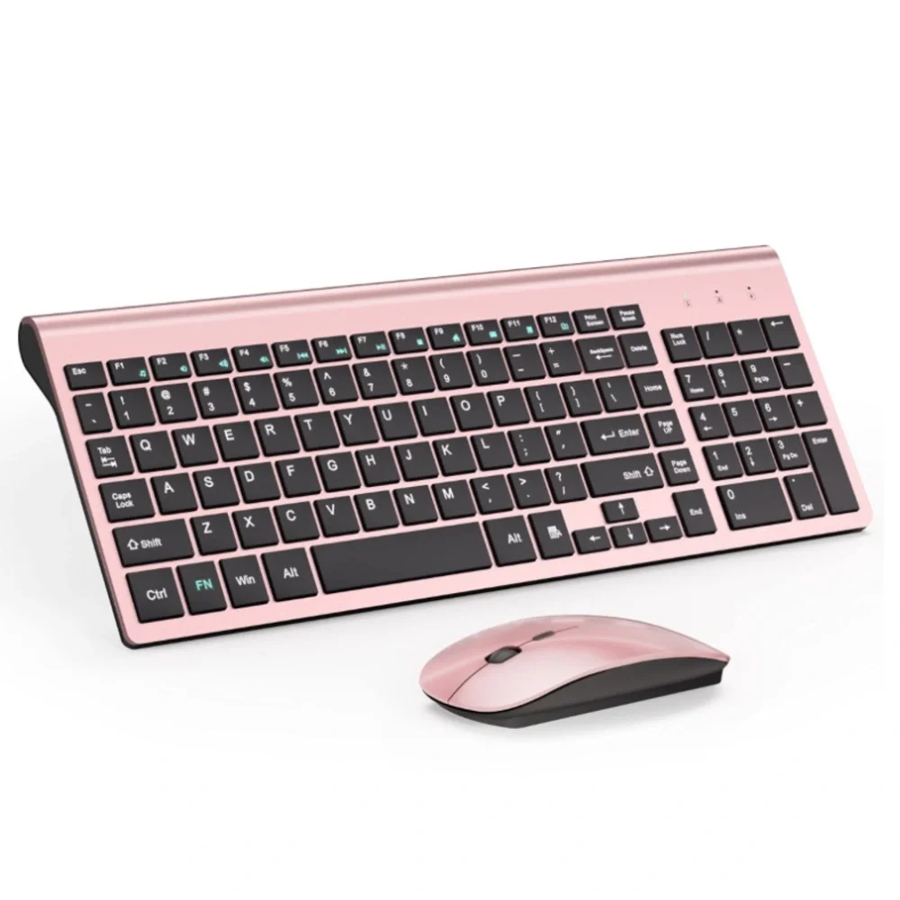 Pink Ultra-Slim Wireless Keyboard and Mouse Set with Cover (batteries included).